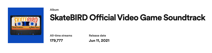 SkateBIRD OST has been streamed nearly 180k on Spotify since its release! 